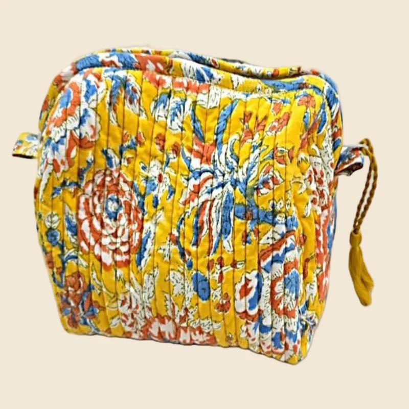 Trousse de toilette matelassée Block Print jaune floral – 2 tailles