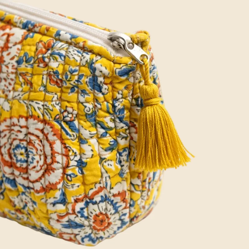 Trousse de toilette matelassée Block Print jaune floral – 2 tailles