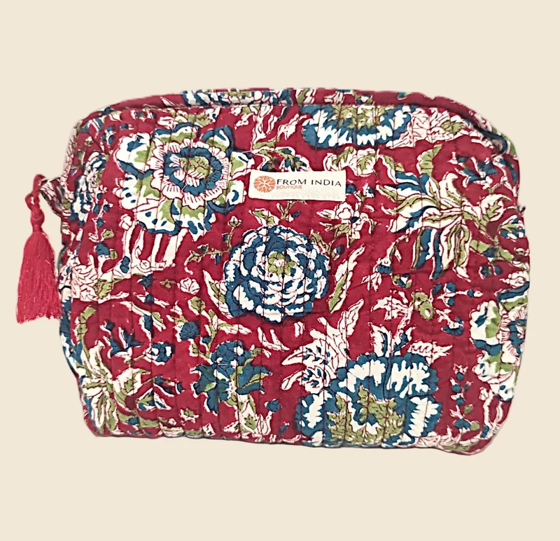 Trousse de toilette matelassée Block Print rouge floral – 2 tailles