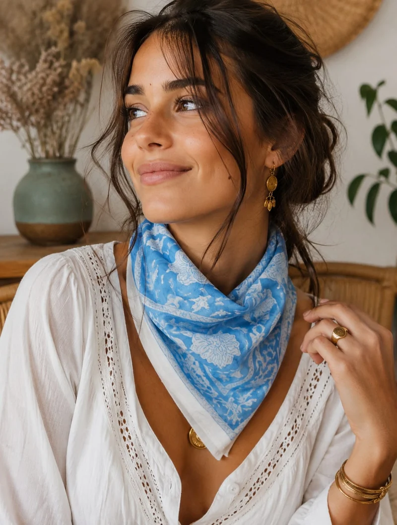 Bandana Goa 50 x 50 cm — Coton Block Print bleu et écru