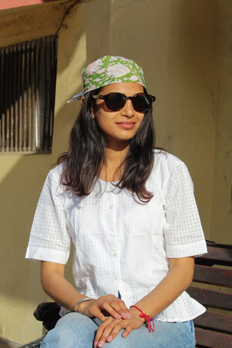 Bandana Jaipur 50 x 50 cm — Coton Block Print vert et rose poudré