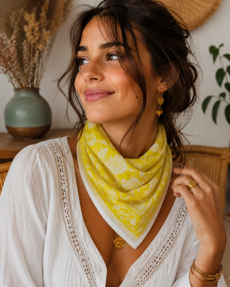 Bandana Cochin 50 x 50 cm — Coton Block Print jaune moutarde et écru