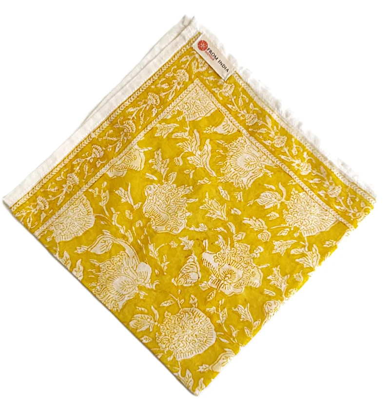 Bandana Cochin 50 x 50 cm — Coton Block Print jaune moutarde et écru