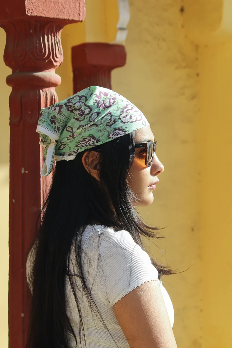 Bandana Mysore 50 x 50 cm — Coton Block Print vert d’eau et violet