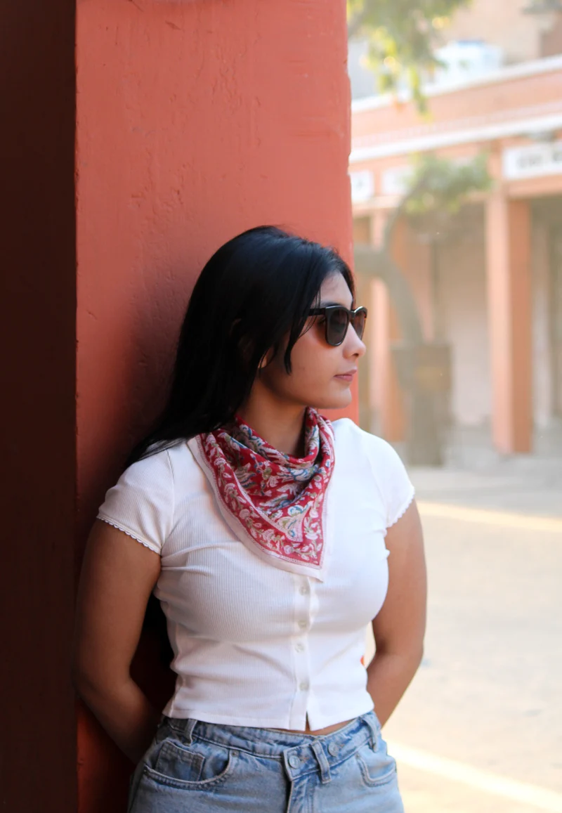 Bandana Mangalore 50 x 50 cm — Coton Block Print bordeaux, bleu et vert