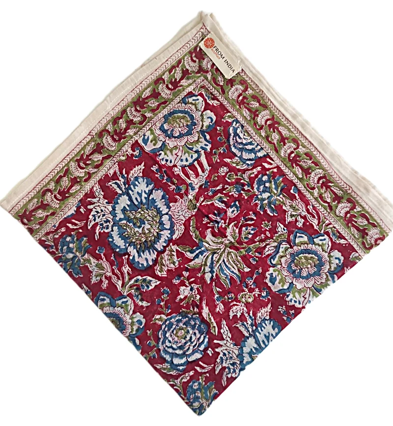 Bandana Mangalore 50 x 50 cm — Coton Block Print bordeaux, bleu et vert