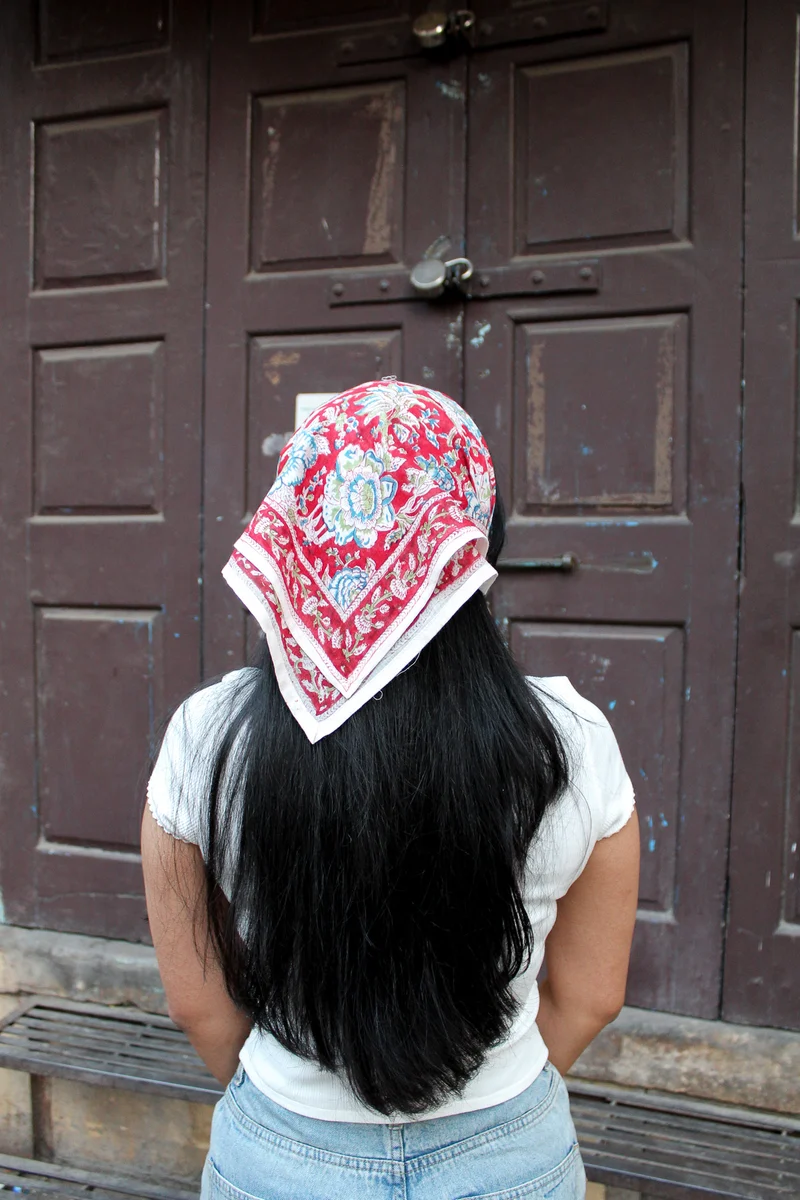 Bandana Mangalore 50 x 50 cm — Coton Block Print bordeaux, bleu et vert