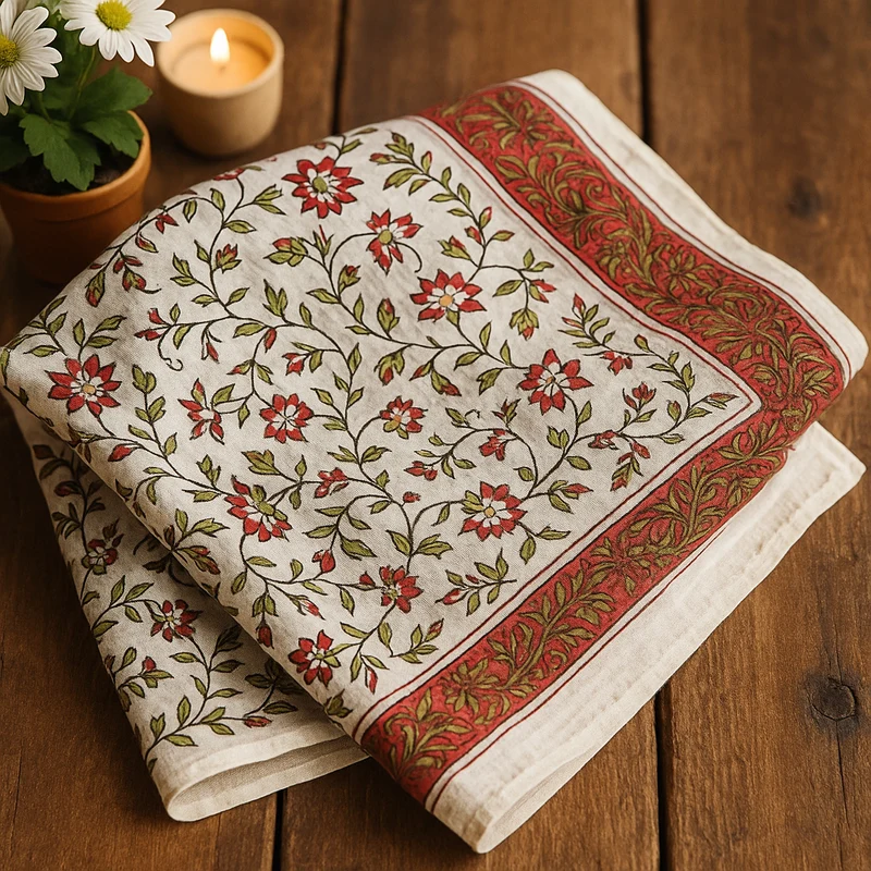 Bandana Kolkata 50 x 50 cm — Coton Block Print floral rose et vert