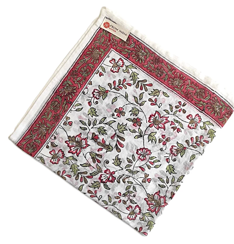 Bandana Kolkata 50 x 50 cm — Coton Block Print floral rose et vert