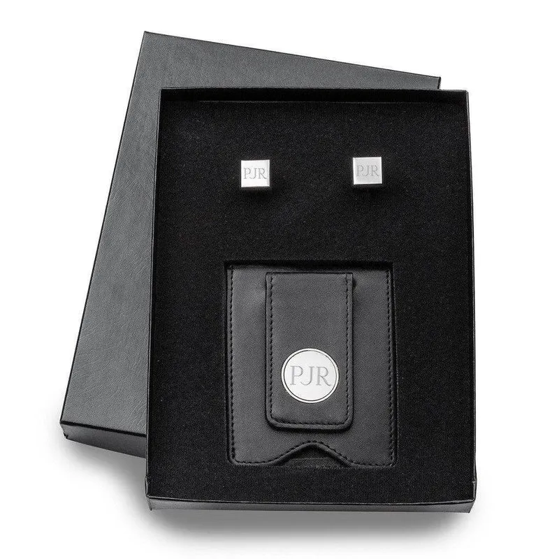 Black Leather Wallet and Modern Square Cufflinks Personalized Gift Set