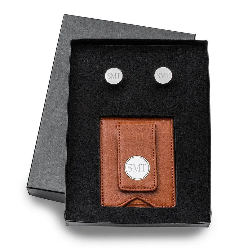 Brown Leather Wallet and Classic Round Cufflinks Personalized Set
