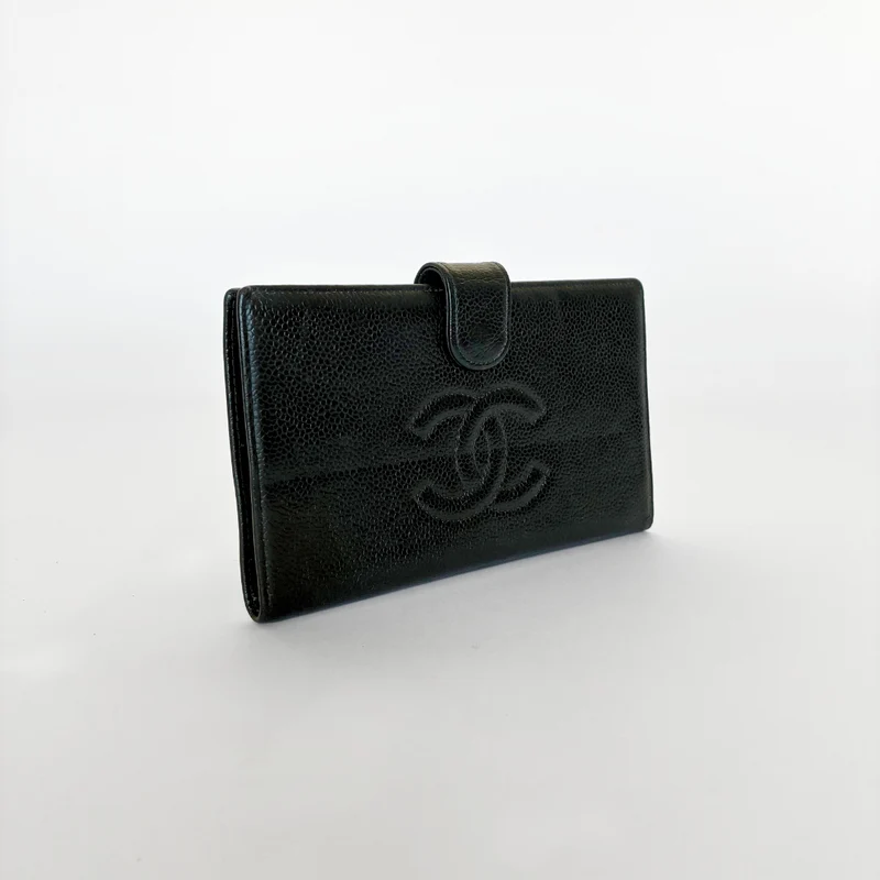Chanel Portefeuille long CC French en cuir caviar noir